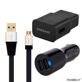 PASBUY 3.3Ft 3 in 1 OEM 2.0 AMP Wall charger-2.4Amp Dual Car Chrager-Flat Micro USB 2.0 Cable for Samsung Galaxy